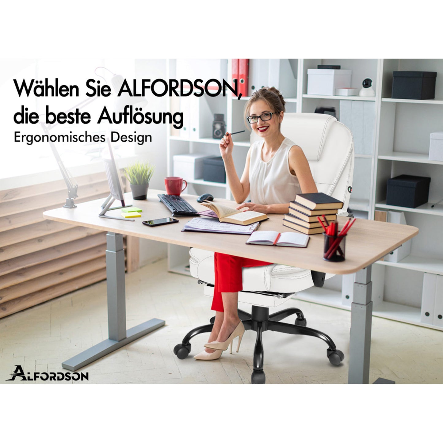 ALFORDSON Massage-Bürostuhl mit Fußstütze, Executive-Gaming-Sitz, PU-Leder Weiß