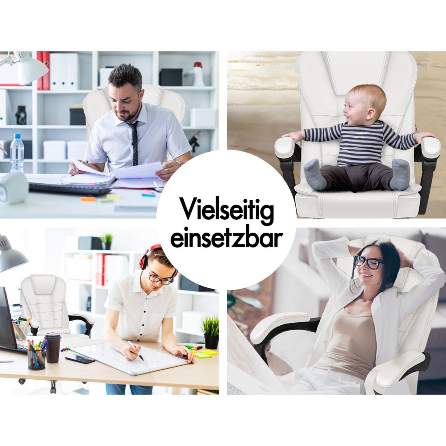 ALFORDSON Massage-Bürostuhl mit Fußstütze, Executive-Gaming-Sitz, PU-Leder Weiß