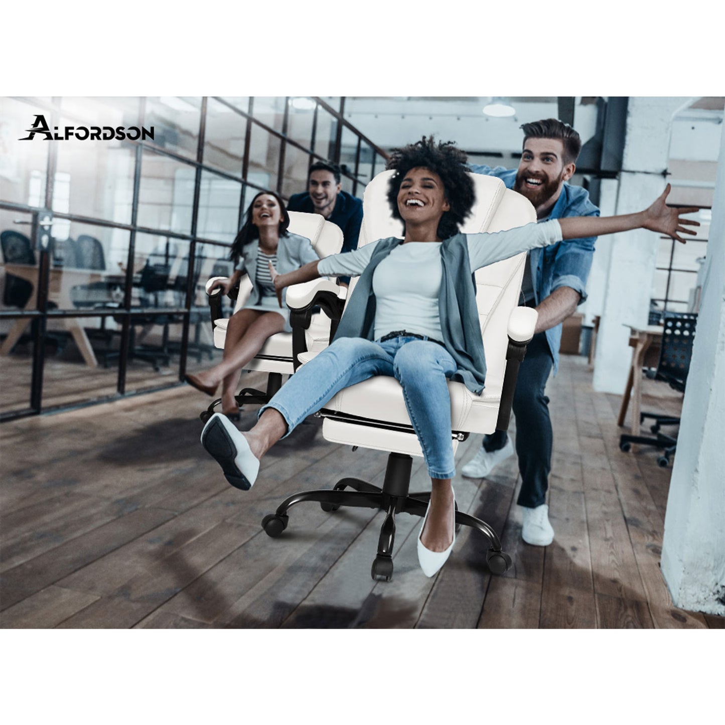 ALFORDSON Massage-Bürostuhl mit Fußstütze, Executive-Gaming-Sitz, PU-Leder Weiß