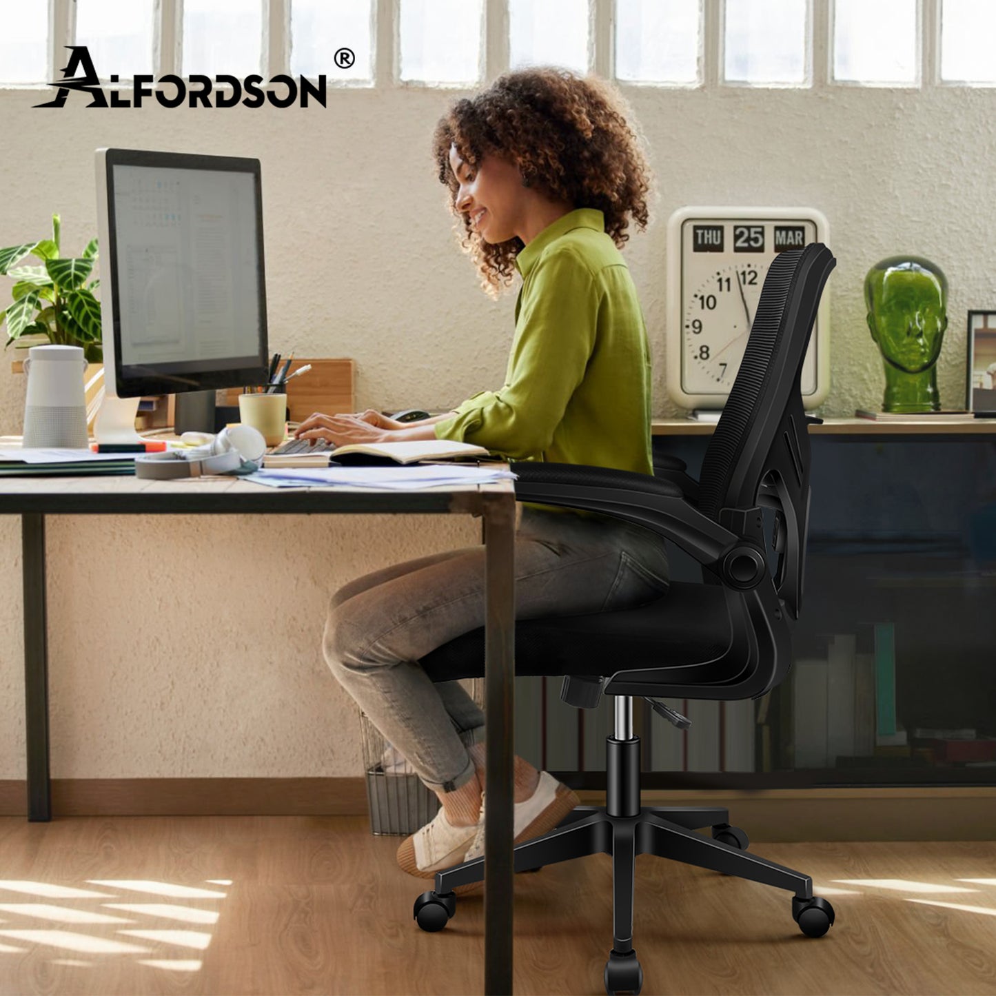 ALFORDSON Mesh Bürostuhl Executive Computer Liege Stoff Racing Sitz Arbeit, Keldon, Schwarz