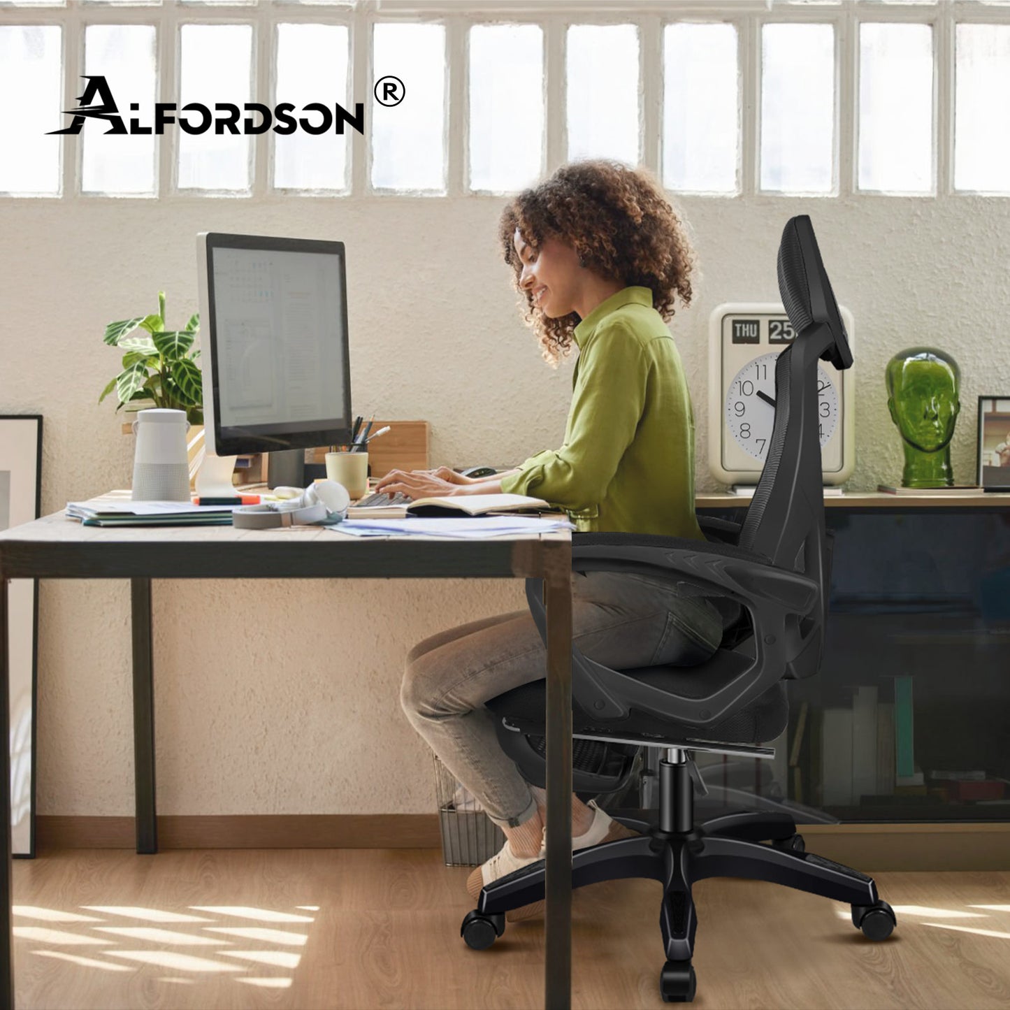ALFORDSON Mesh Bürostuhl Executive Computer Liege Stoff Racing Sitz Arbeit, Nova, Schwarz