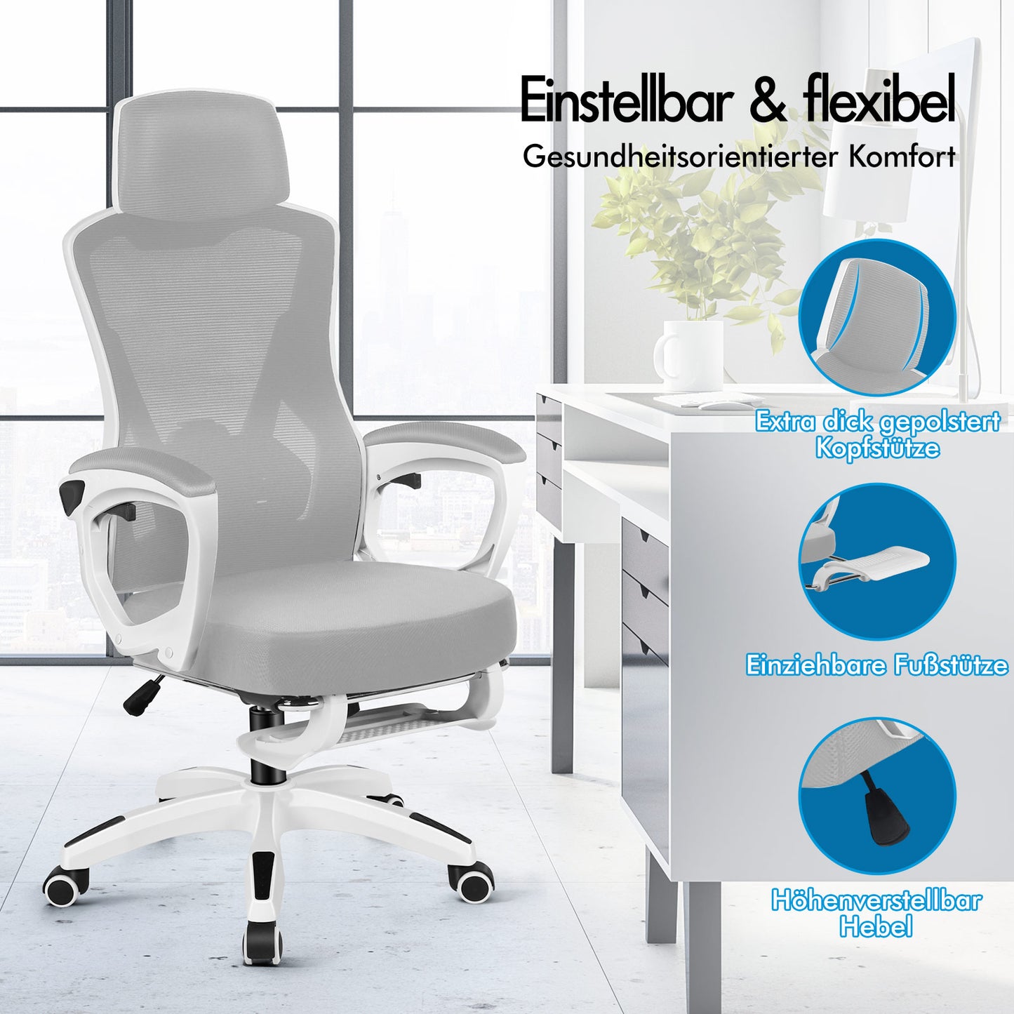 ALFORDSON Mesh Bürostuhl Executive Computer Liege Stoff Racing Sitz Arbeit, Nova, Weiß & Grau
