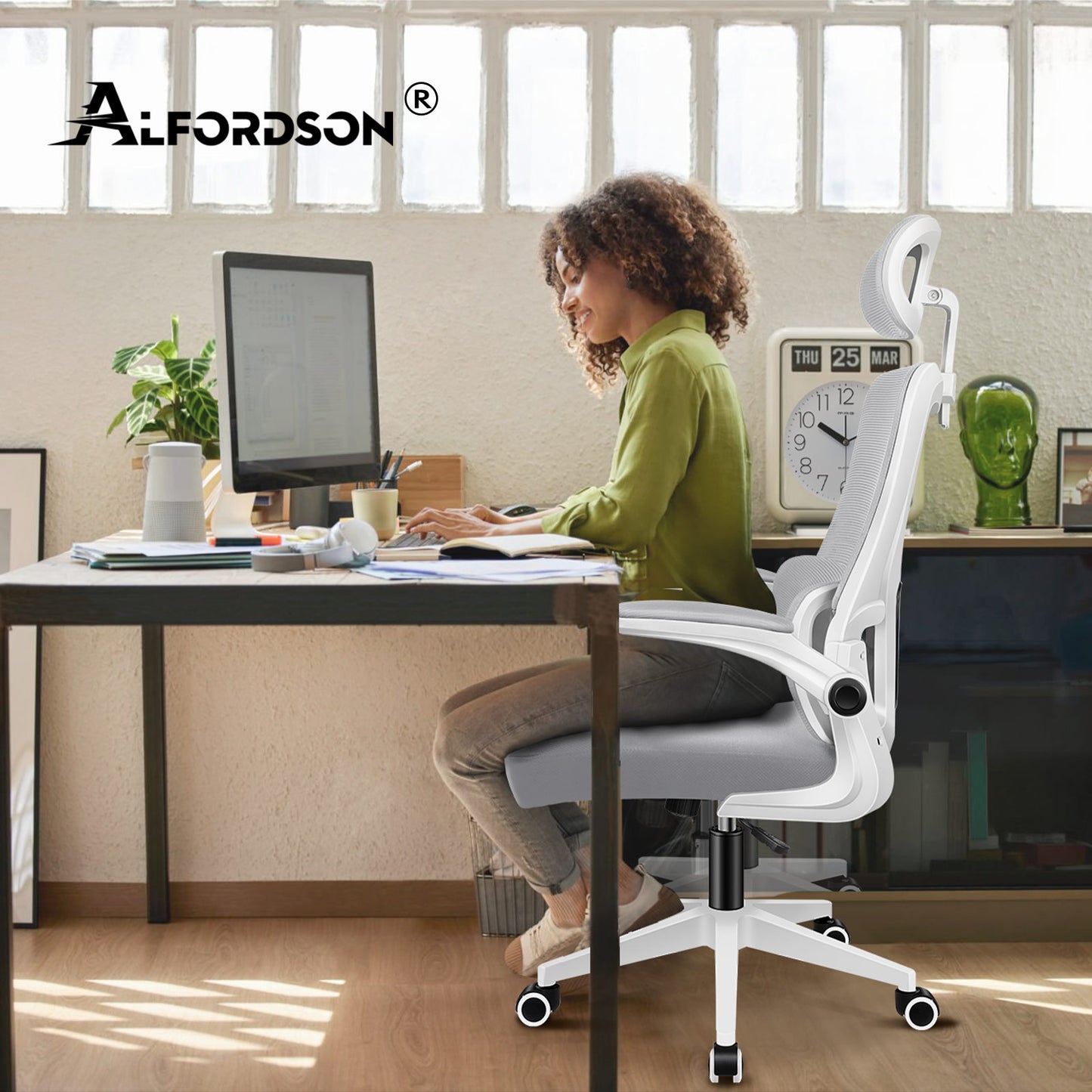 ALFORDSON Netzgewebe Bürostuhl Gaming Führungskräfte Computer Sitz Arbeit, Nyles, Weiß & Grau