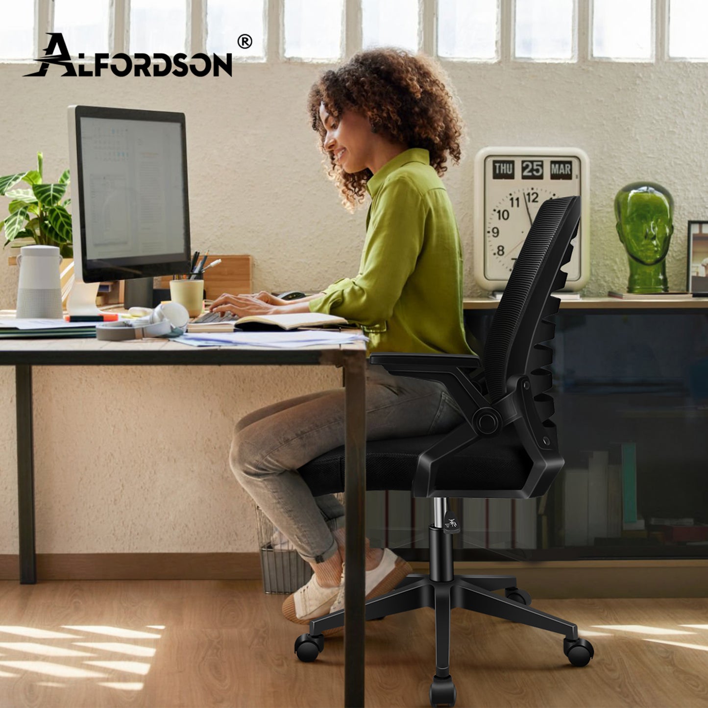 ALFORDSON Mesh Bürostuhl Executive Computer Liege Stoff Racing Sitz Arbeit, Wale, Schwarz