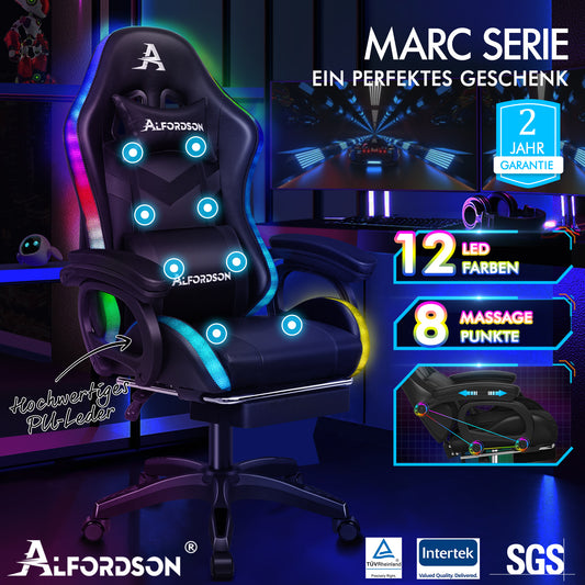 ALFORDSON Gaming Stuhl mit 8-Punkt Massage 12 Farben RGB LED-Licht Schwarz