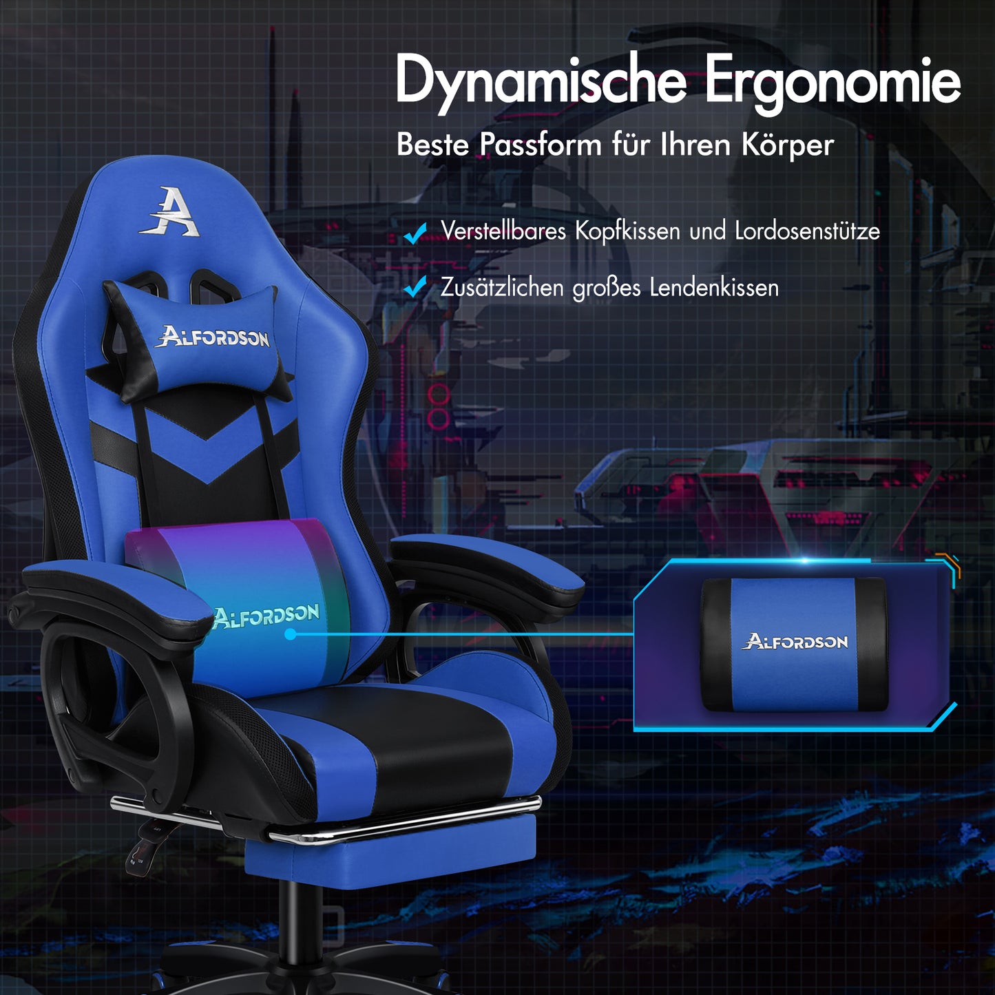 ALFORDSON Gaming Stuhl mit 8-Punkt Massage 12 Farben RGB LED-Licht Blau & Schwarz