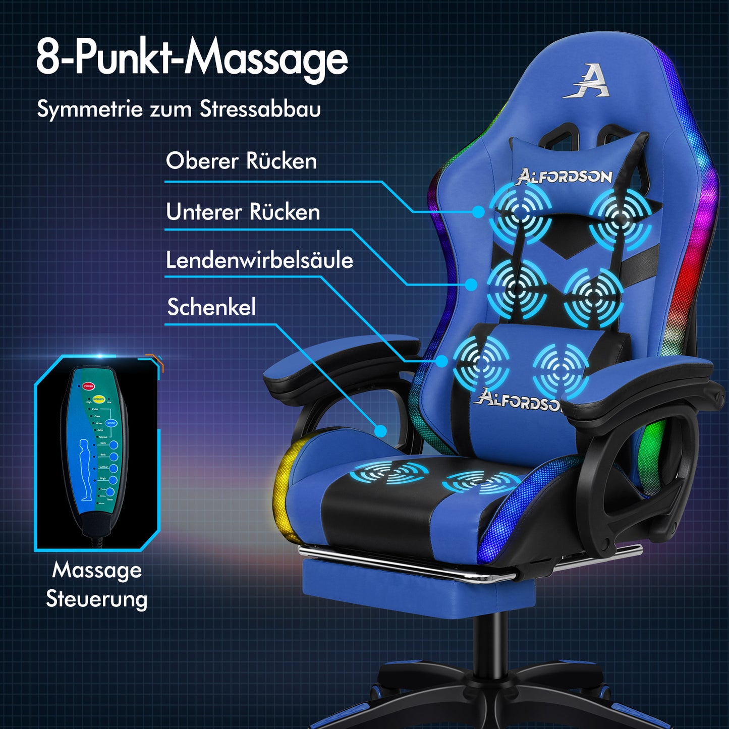 ALFORDSON Gaming Stuhl mit 8-Punkt Massage 12 Farben RGB LED-Licht Blau & Schwarz