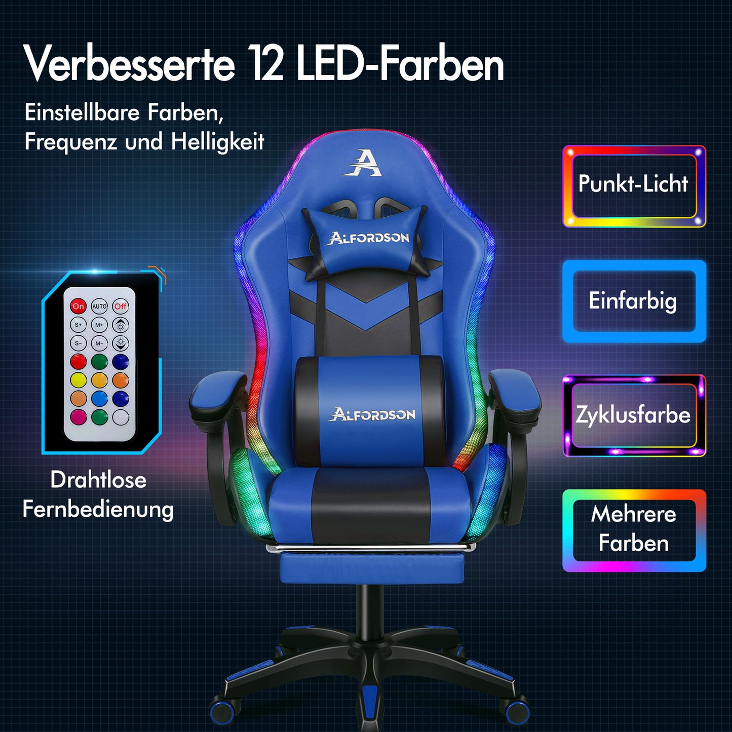 ALFORDSON Gaming Stuhl mit 8-Punkt Massage 12 Farben RGB LED-Licht Blau & Schwarz