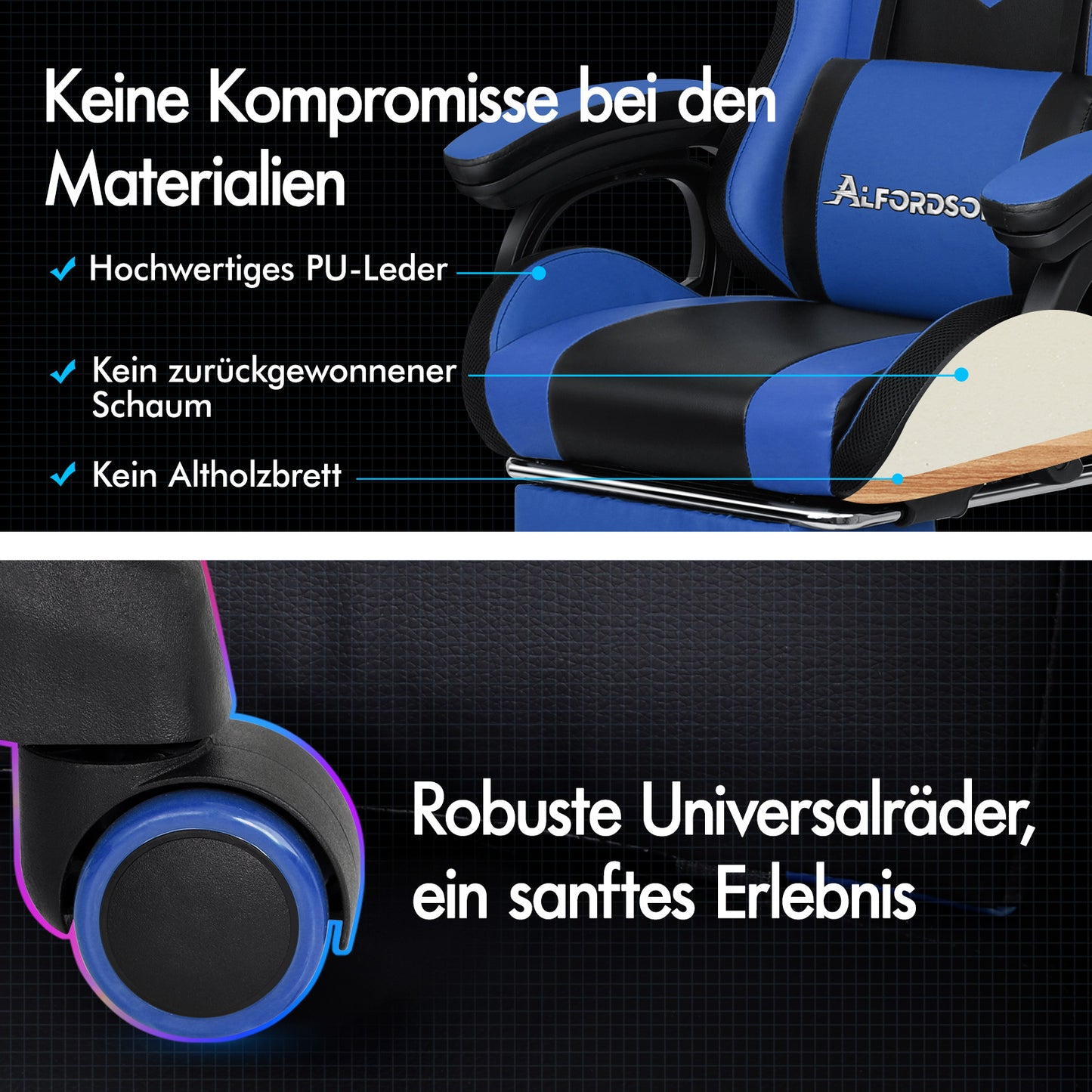 ALFORDSON Gaming Stuhl mit 8-Punkt Massage 12 Farben RGB LED-Licht Blau & Schwarz