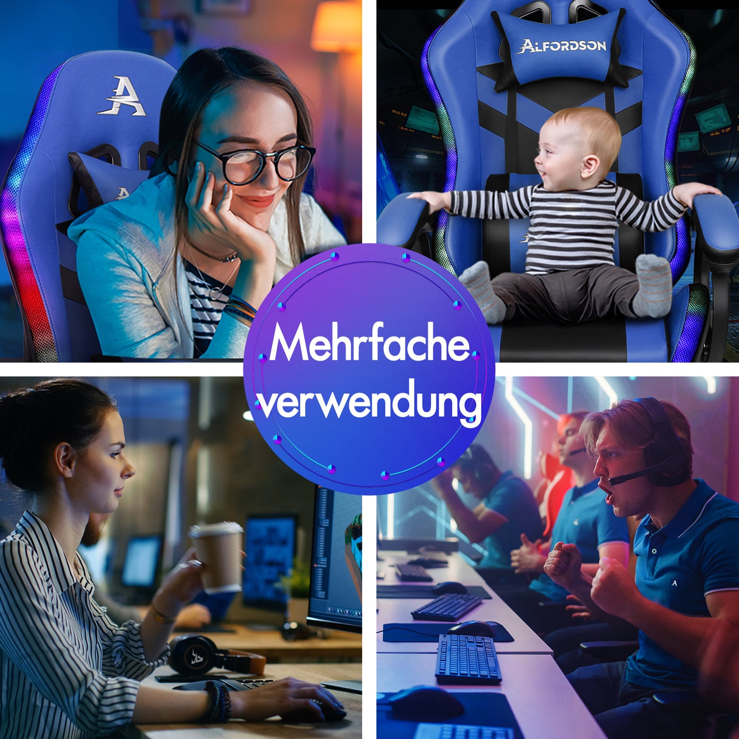 ALFORDSON Gaming Stuhl mit 8-Punkt Massage 12 Farben RGB LED-Licht Blau & Schwarz
