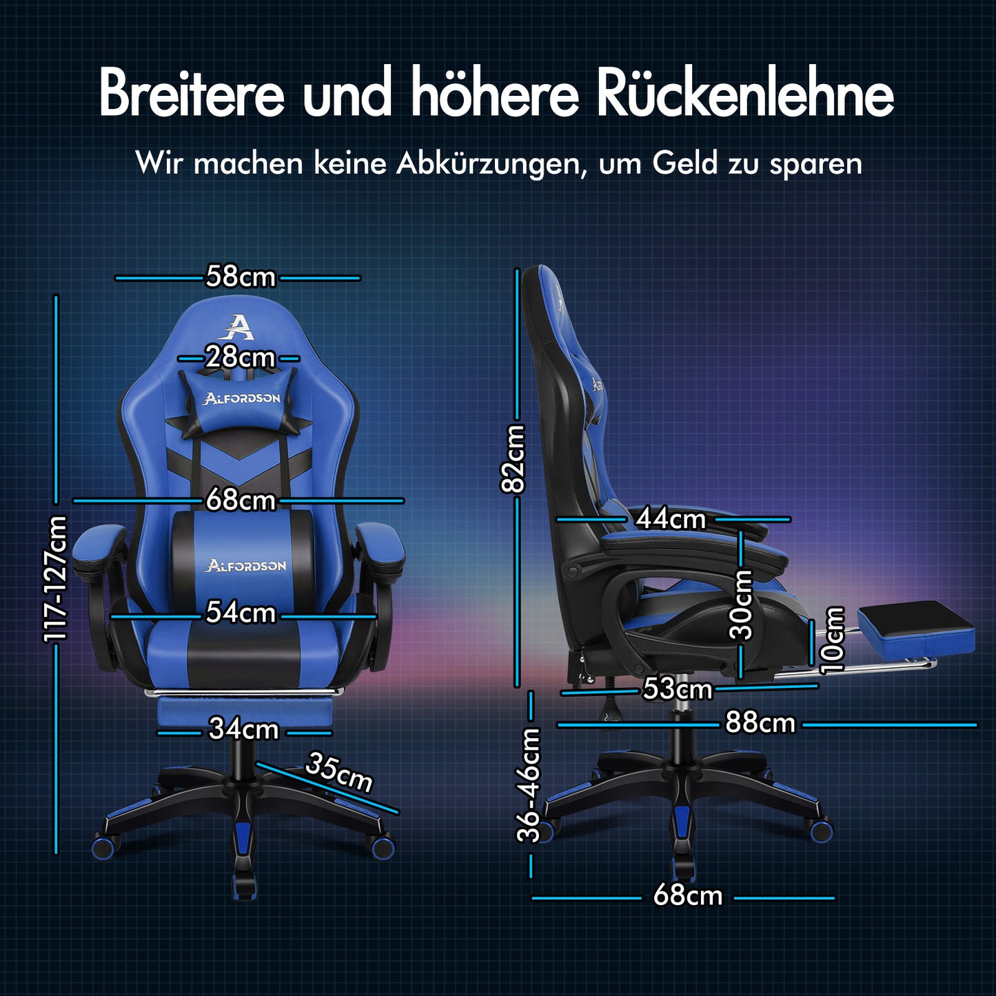 ALFORDSON Gaming Stuhl mit 8-Punkt Massage 12 Farben RGB LED-Licht Blau & Schwarz