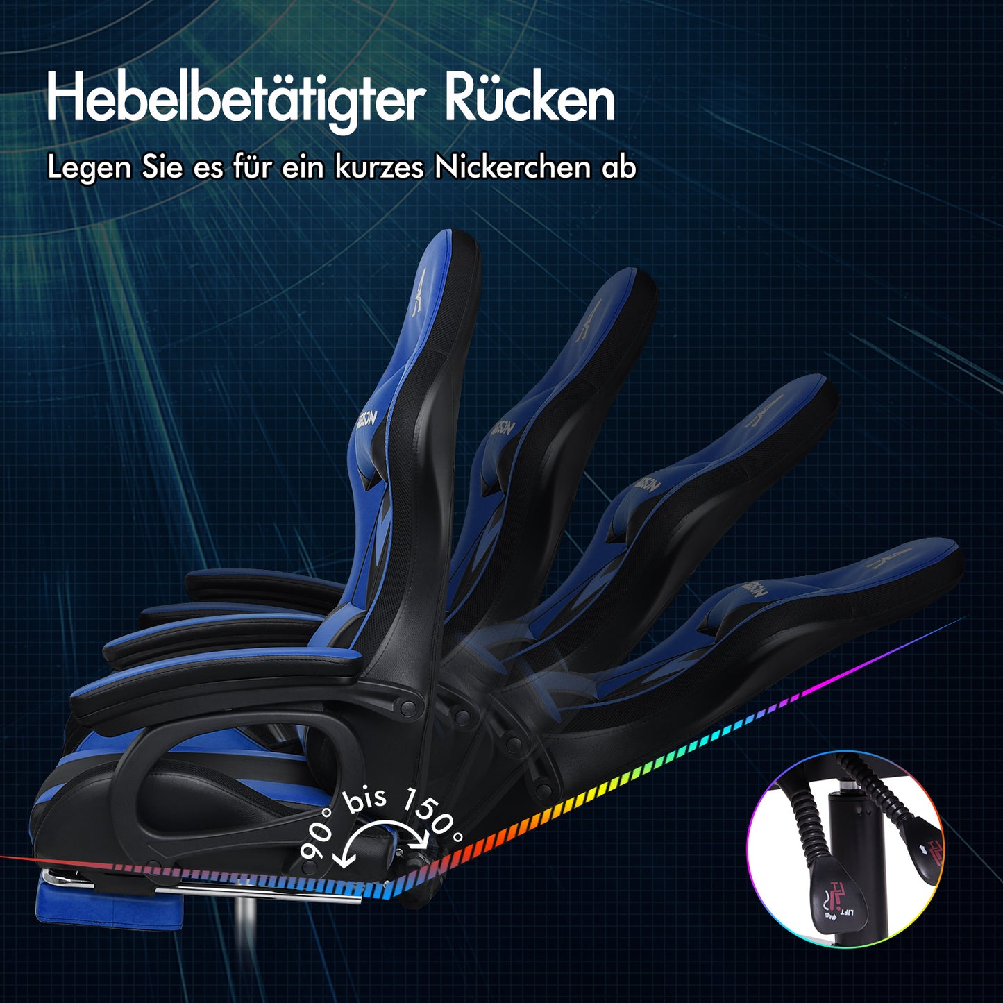 ALFORDSON Gaming Stuhl mit 8-Punkt Massage 12 Farben RGB LED-Licht Blau & Schwarz