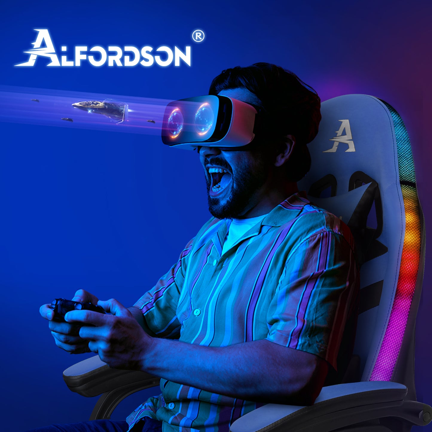 ALFORDSON Gaming Stuhl mit 8-Punkt Massage 12 Farben RGB LED-Licht Blau & Schwarz