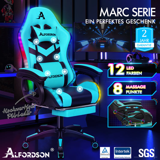 ALFORDSON Gaming Stuhl mit 8-Punkt Massage 12 Farben RGB LED-Licht Cyan Schwarz
