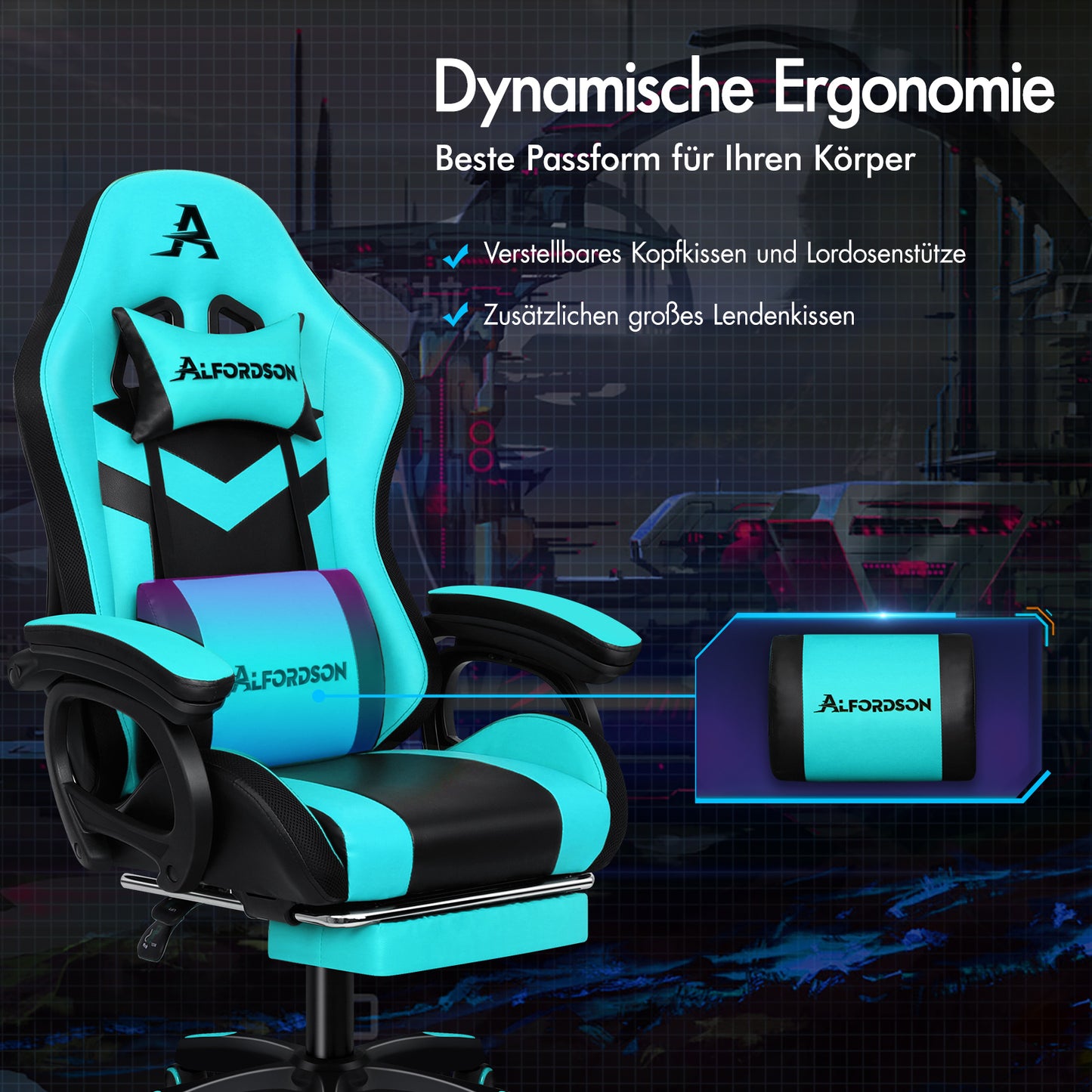 ALFORDSON Gaming Stuhl mit 8-Punkt Massage 12 Farben RGB LED-Licht Cyan Schwarz