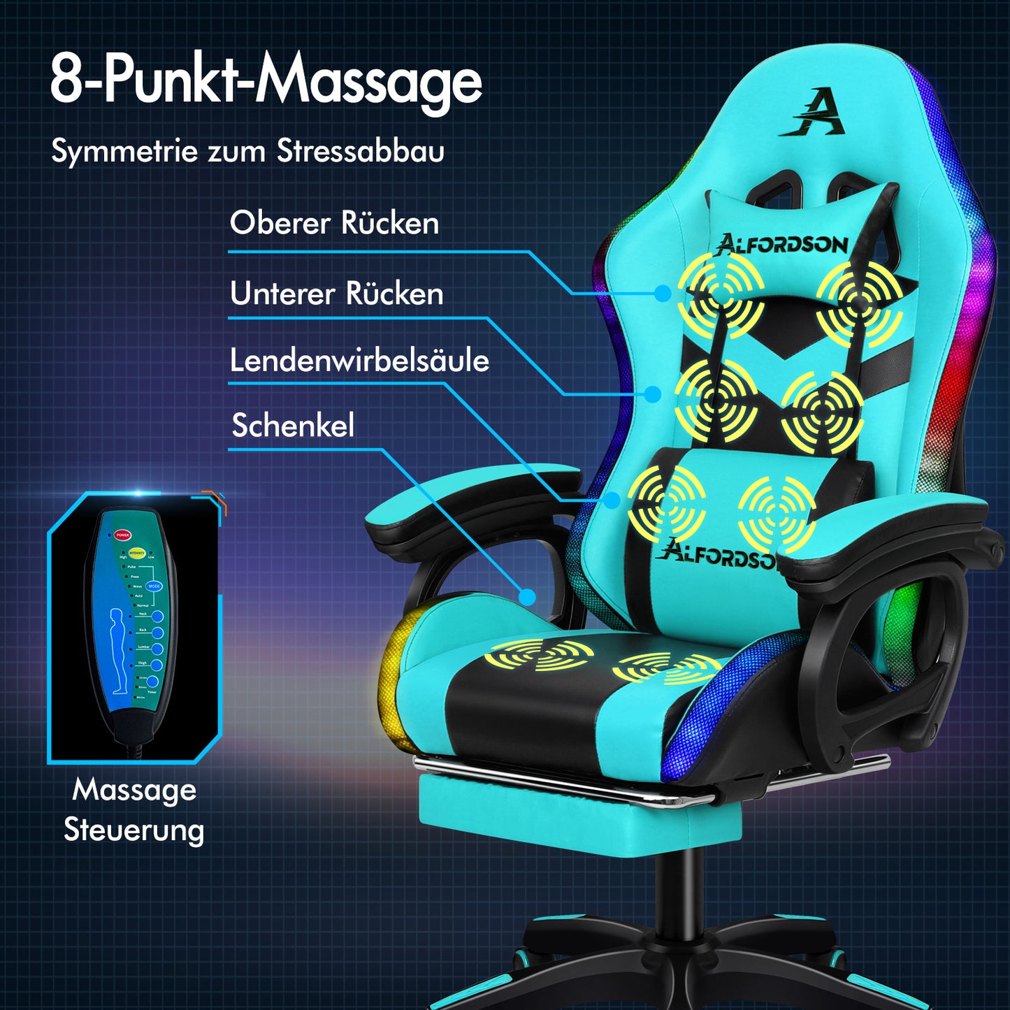 ALFORDSON Gaming Stuhl mit 8-Punkt Massage 12 Farben RGB LED-Licht Cyan Schwarz