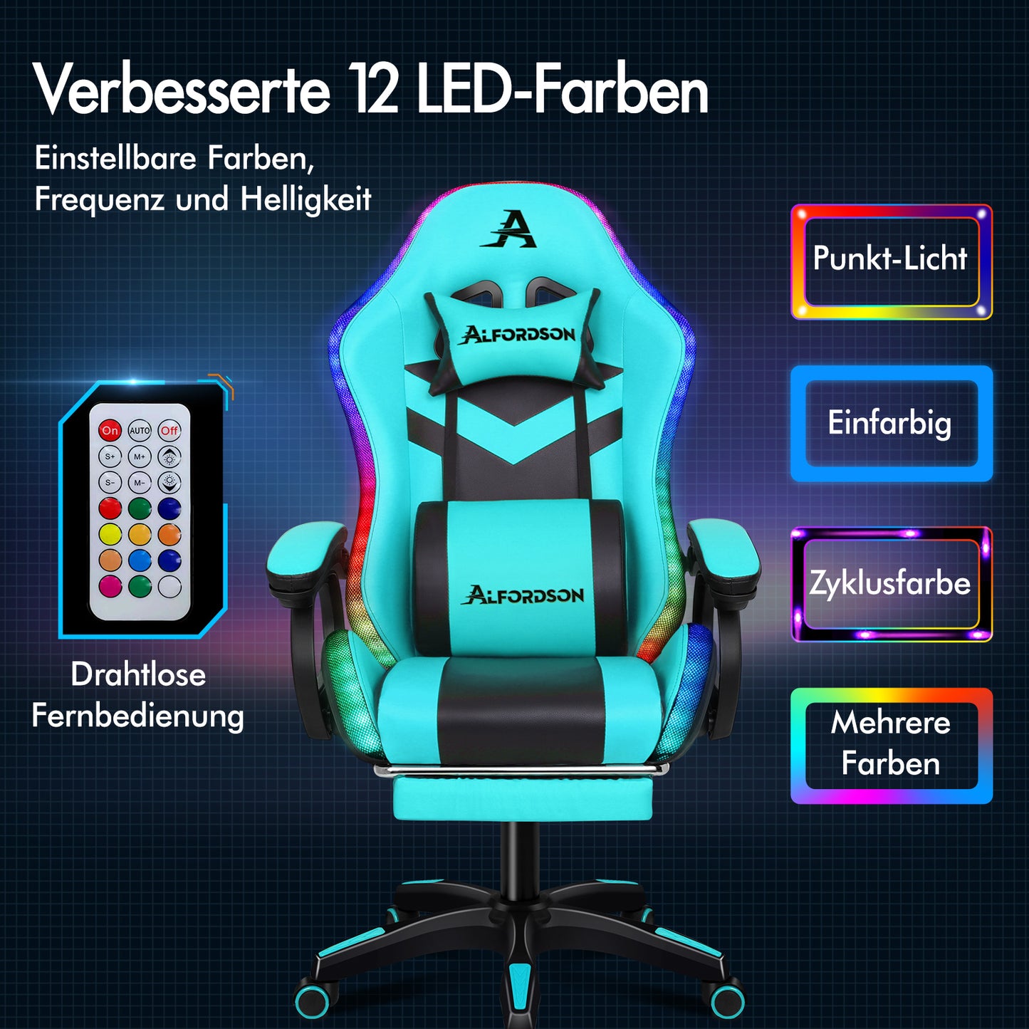 ALFORDSON Gaming Stuhl mit 8-Punkt Massage 12 Farben RGB LED-Licht Cyan Schwarz