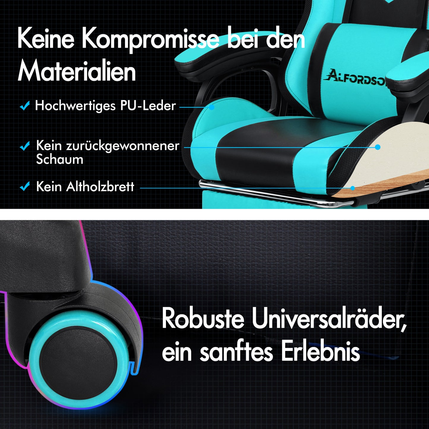 ALFORDSON Gaming Stuhl mit 8-Punkt Massage 12 Farben RGB LED-Licht Cyan Schwarz