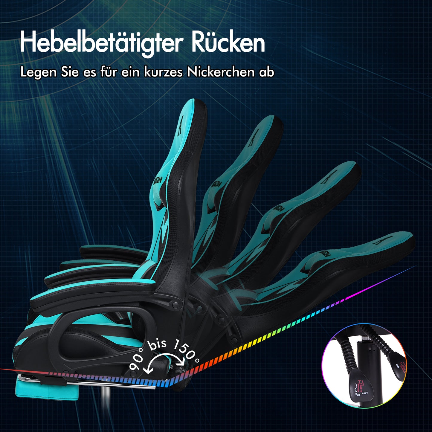 ALFORDSON Gaming Stuhl mit 8-Punkt Massage 12 Farben RGB LED-Licht Cyan Schwarz