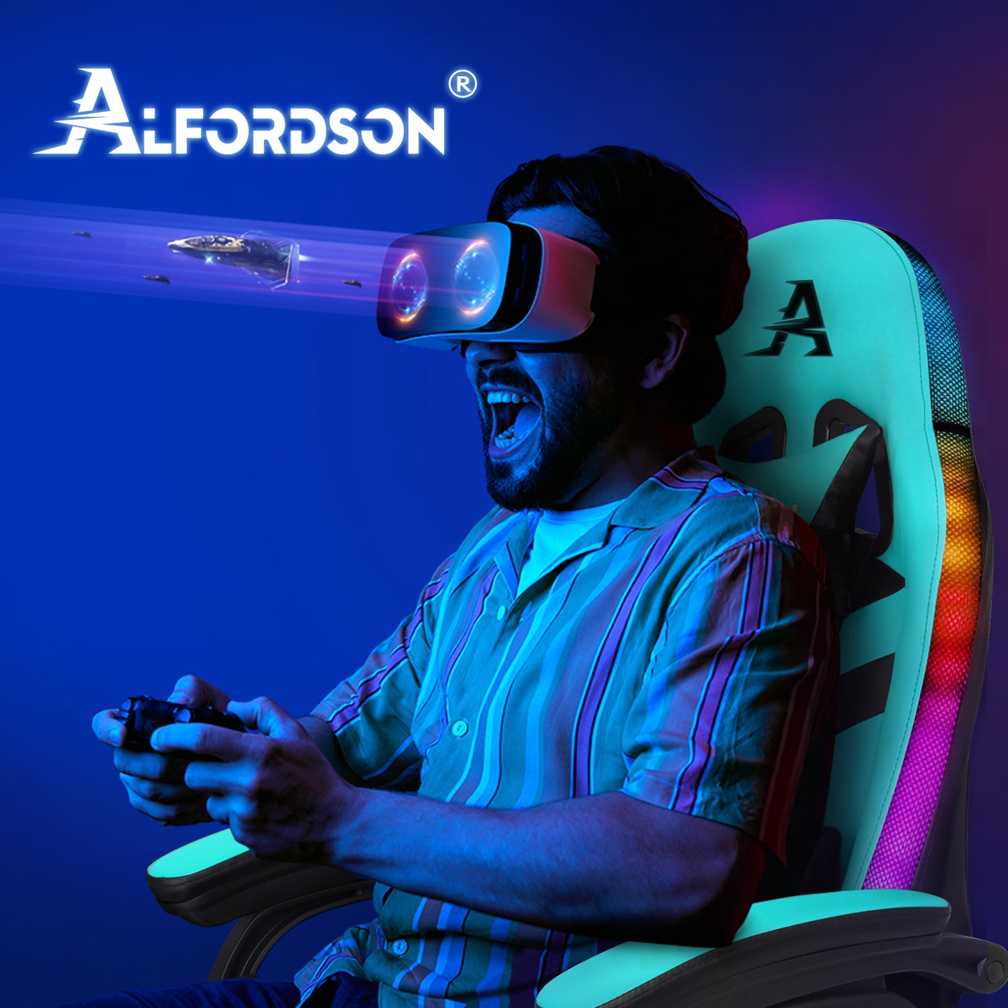 ALFORDSON Gaming Stuhl mit 8-Punkt Massage 12 Farben RGB LED-Licht Cyan Schwarz