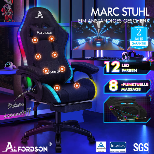 ALFORDSON Gaming Stuhl Büro 12 RGB LED Massage Computersitz Stoff Schwarz