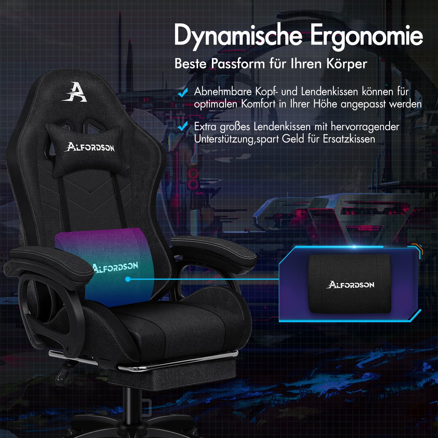 ALFORDSON Gaming Stuhl Büro 12 RGB LED Massage Computersitz Stoff Schwarz