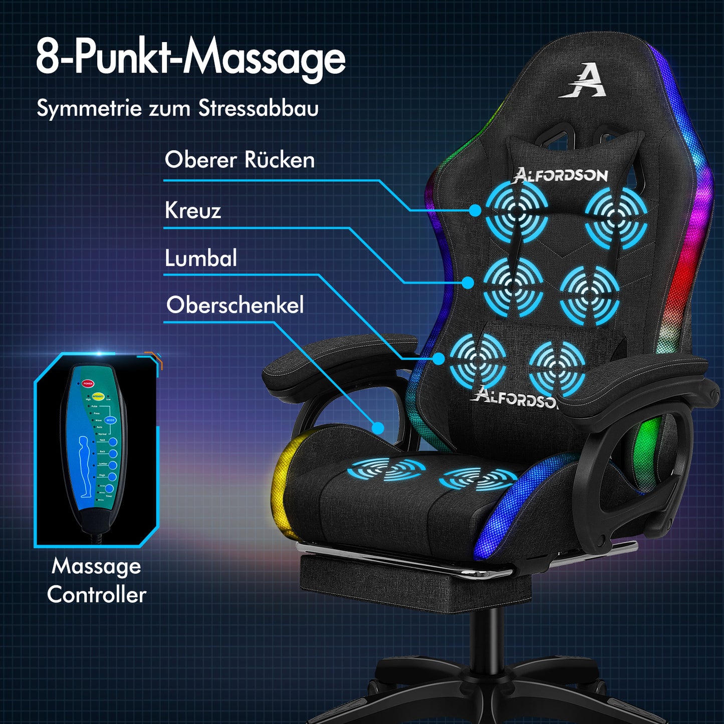 ALFORDSON Gaming Stuhl Büro 12 RGB LED Massage Computersitz Stoff Schwarz