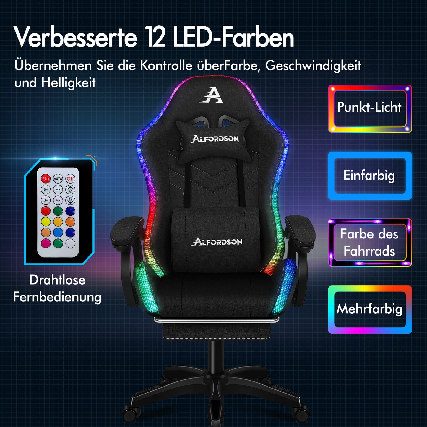 ALFORDSON Gaming Stuhl Büro 12 RGB LED Massage Computersitz Stoff Schwarz