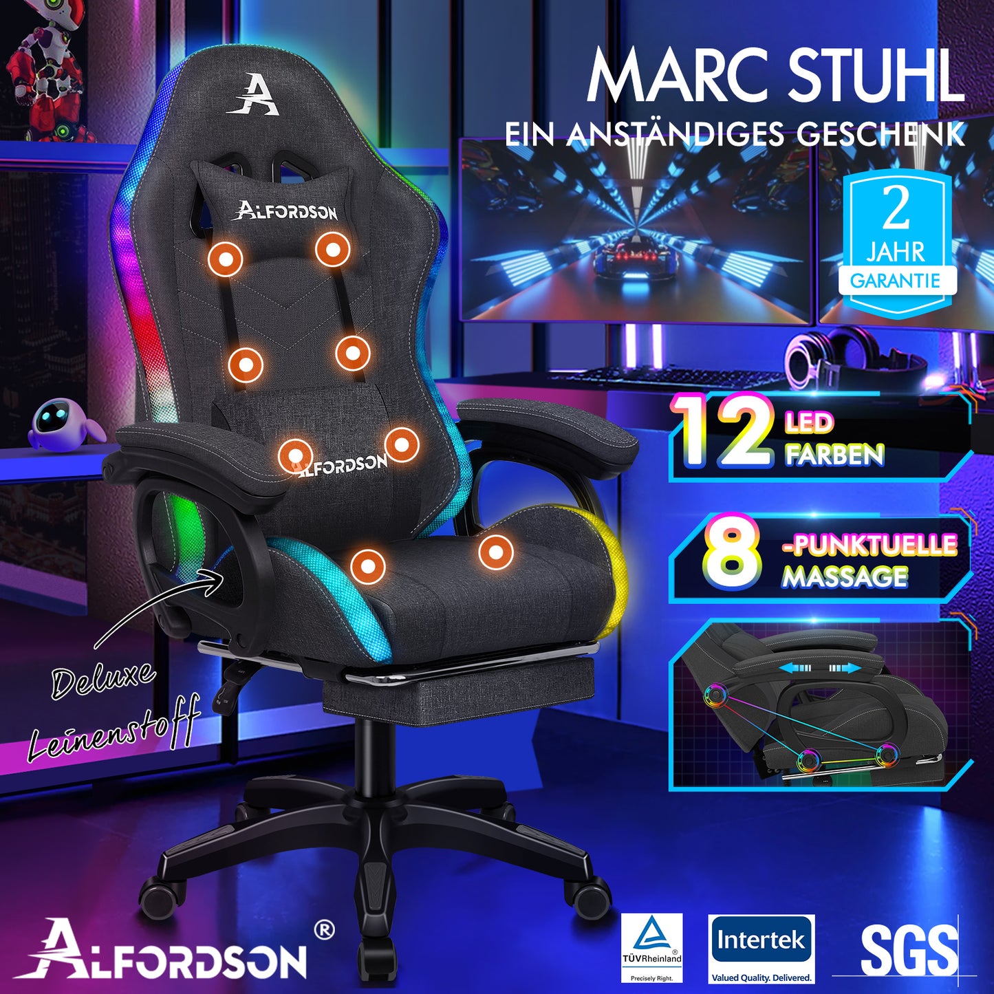 ALFORDSON Gaming Stuhl Büro 12 RGB LED Massage Computersitz Stoff Grau