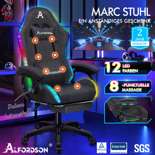 ALFORDSON Gaming Stuhl Büro 12 RGB LED Massage Computersitz Stoff Grau