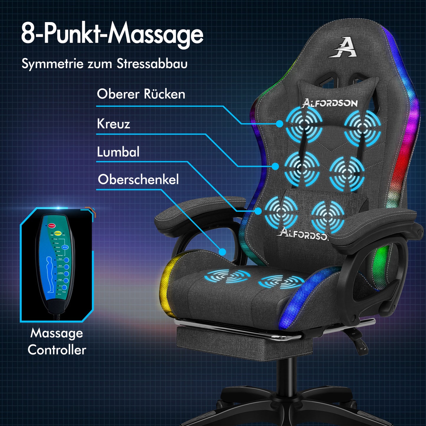 ALFORDSON Gaming Stuhl Büro 12 RGB LED Massage Computersitz Stoff Grau