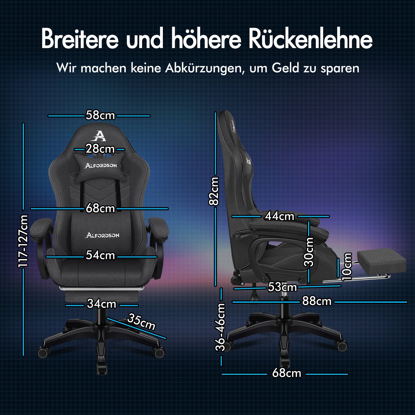 ALFORDSON Gaming Stuhl Büro 12 RGB LED Massage Computersitz Stoff Grau