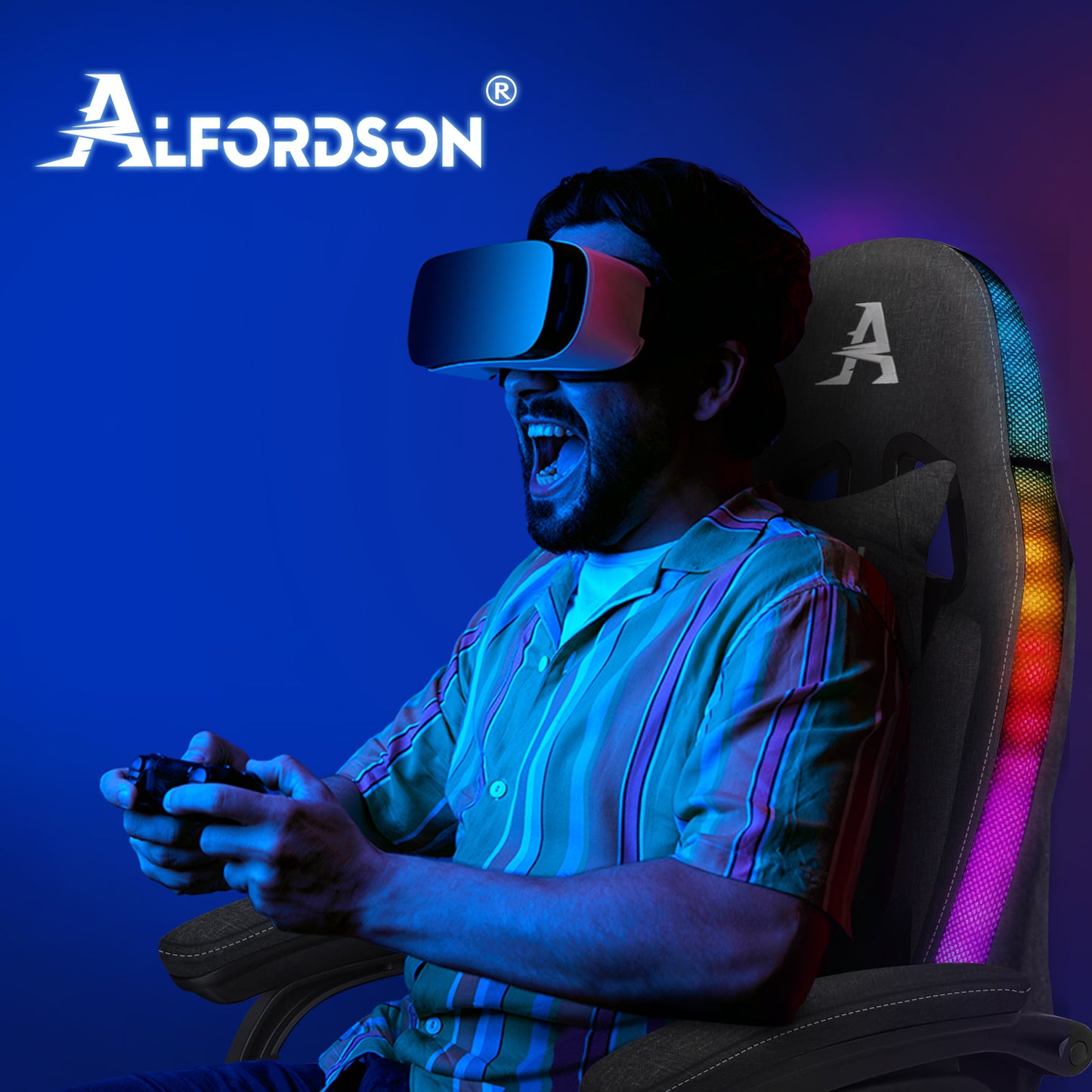 ALFORDSON Gaming Stuhl Büro 12 RGB LED Massage Computersitz Stoff Grau