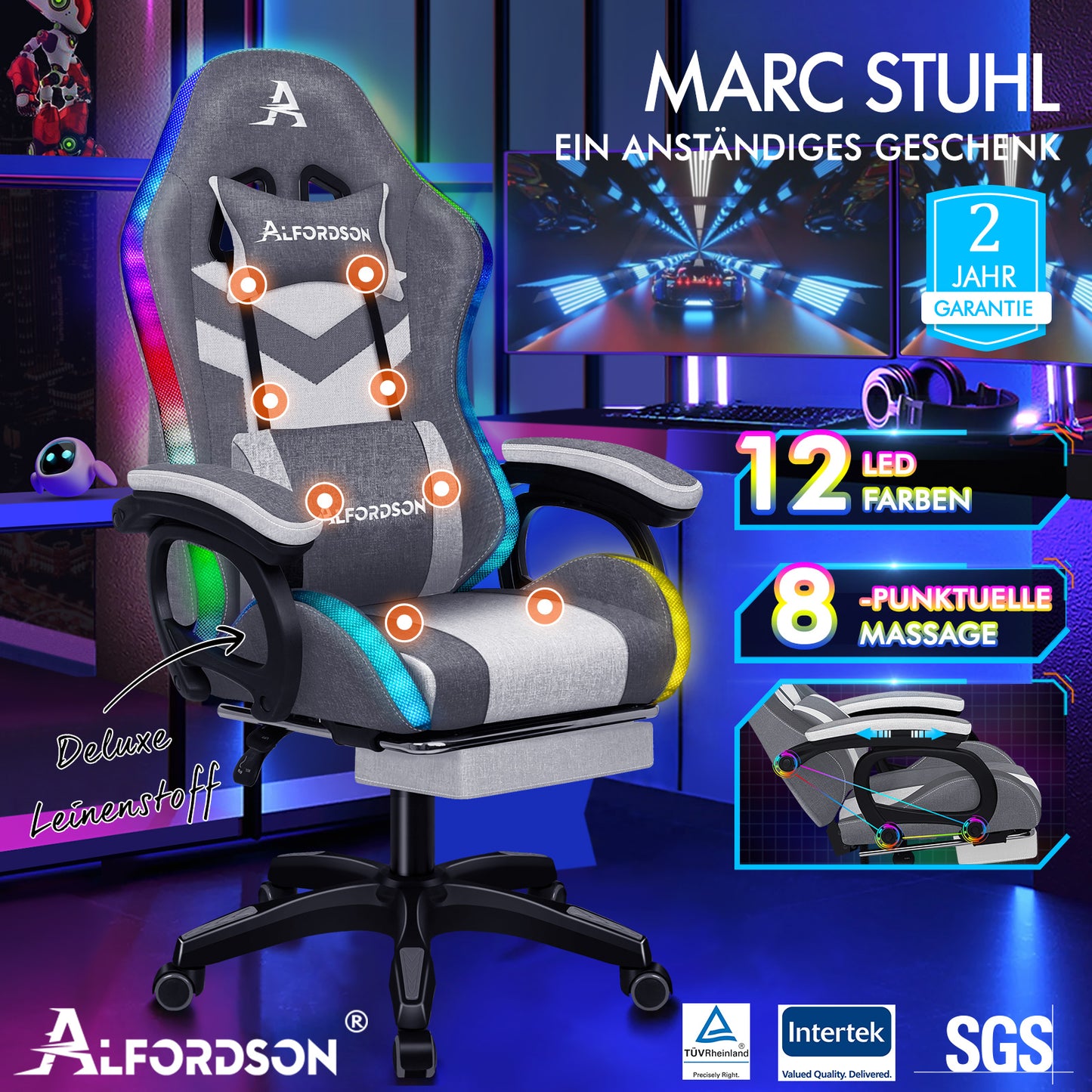 ALFORDSON Gaming Stuhl Büro 12 RGB LED Massage Computer Stoff Sitz Grau