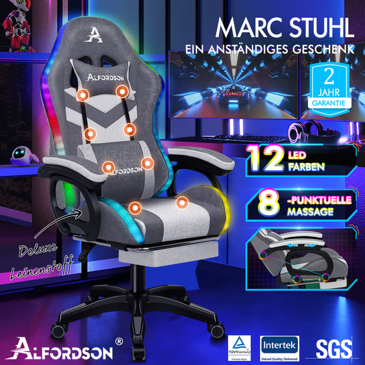 ALFORDSON Gaming Stuhl Büro 12 RGB LED Massage Computer Stoff Sitz Grau