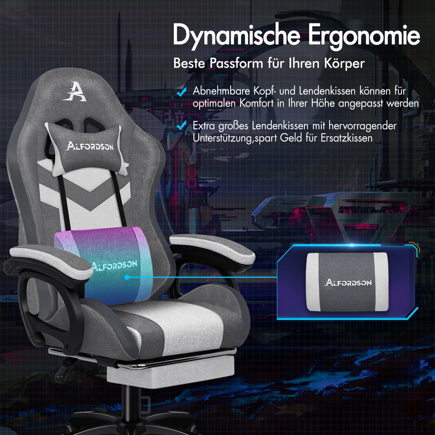 ALFORDSON Gaming Stuhl Büro 12 RGB LED Massage Computer Stoff Sitz Grau