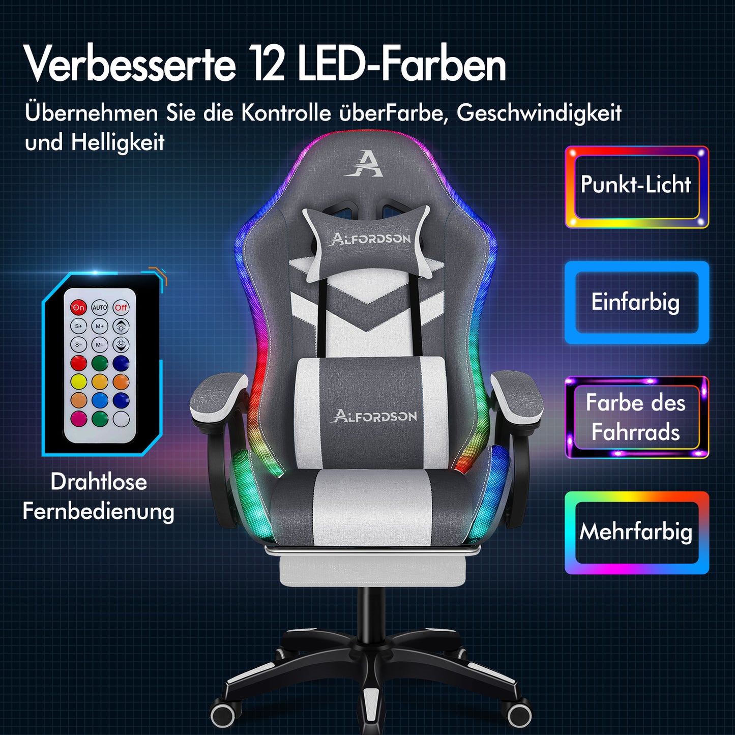 ALFORDSON Gaming Stuhl Büro 12 RGB LED Massage Computer Stoff Sitz Grau