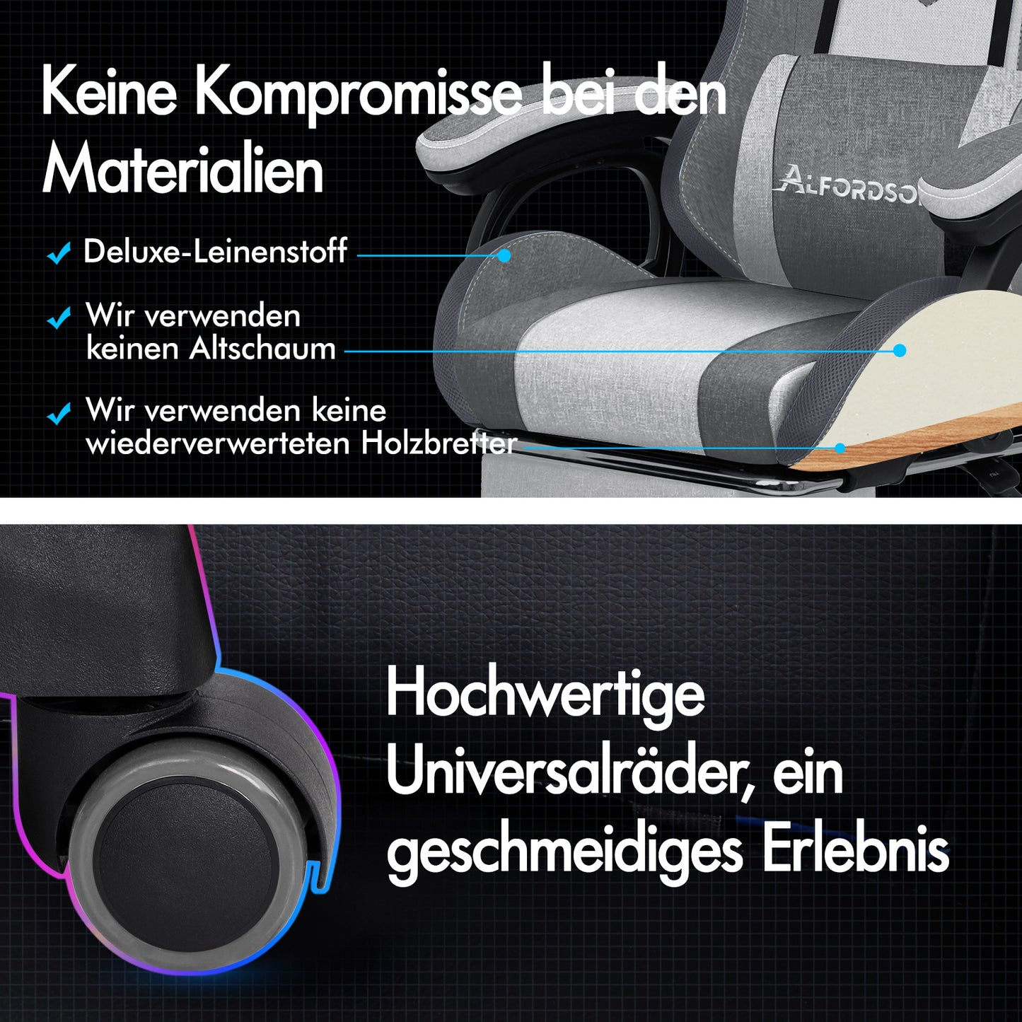 ALFORDSON Gaming Stuhl Büro 12 RGB LED Massage Computer Stoff Sitz Grau