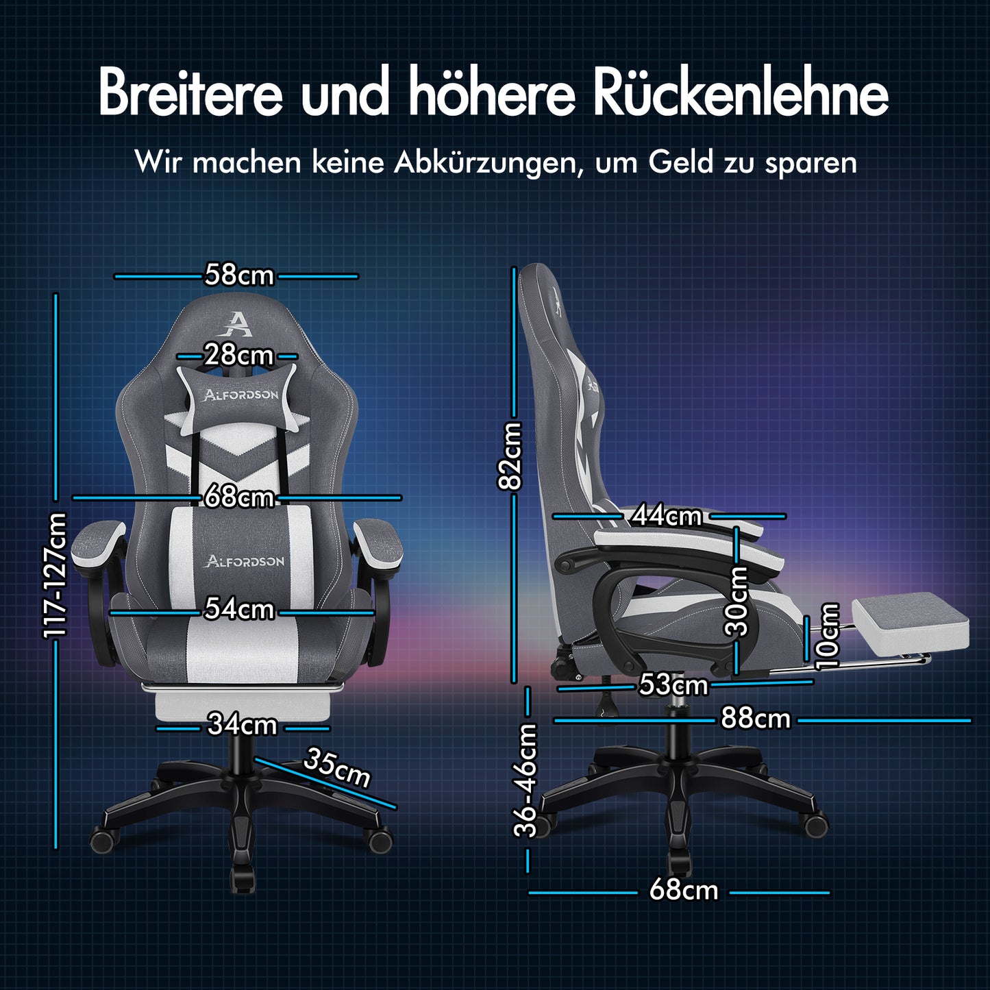 ALFORDSON Gaming Stuhl Büro 12 RGB LED Massage Computer Stoff Sitz Grau