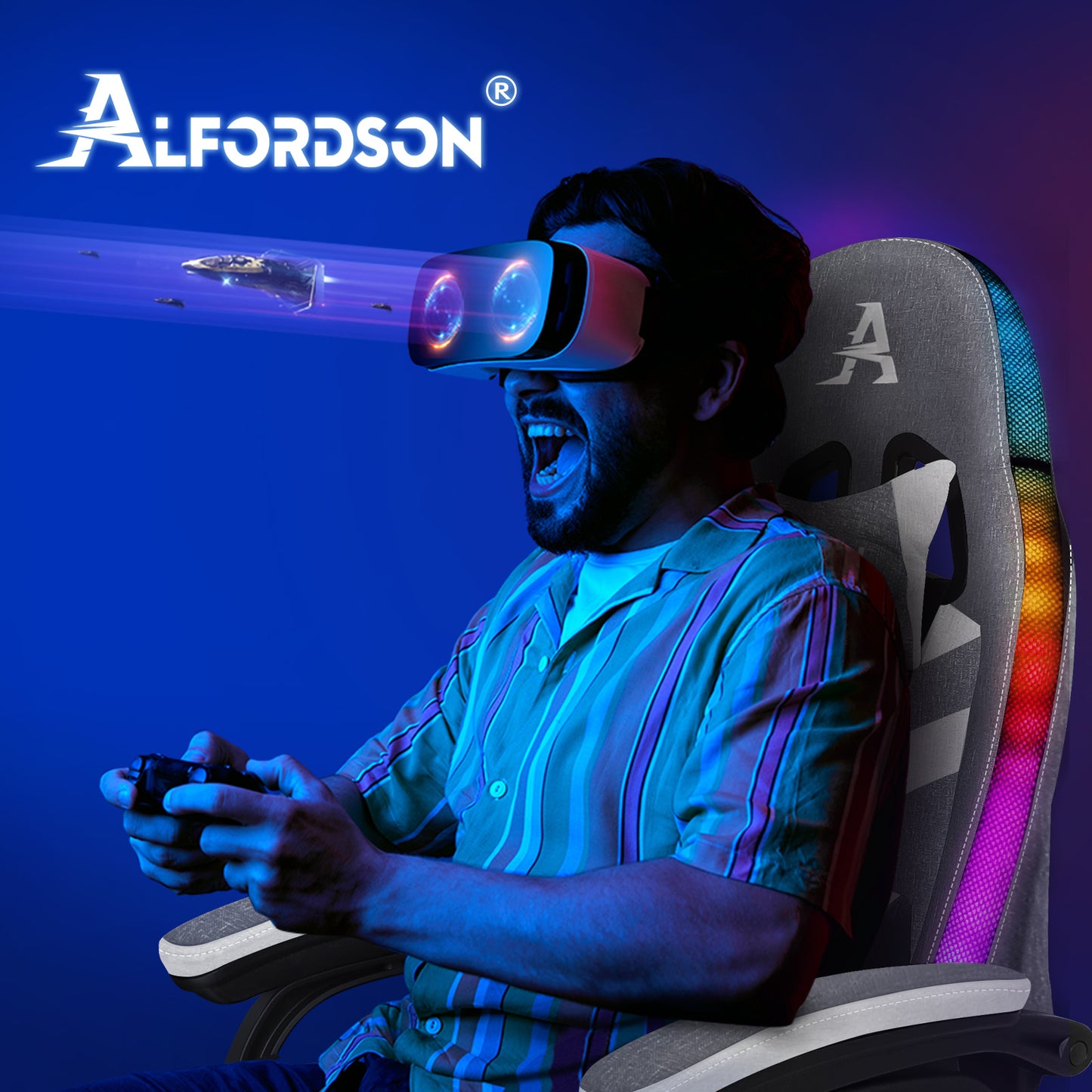 ALFORDSON Gaming Stuhl Büro 12 RGB LED Massage Computer Stoff Sitz Grau