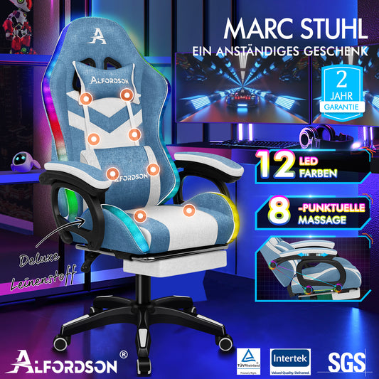 ALFORDSON Gaming Stuhl Büro 12 RGB LED Massage Computer Stoffsitz Blau
