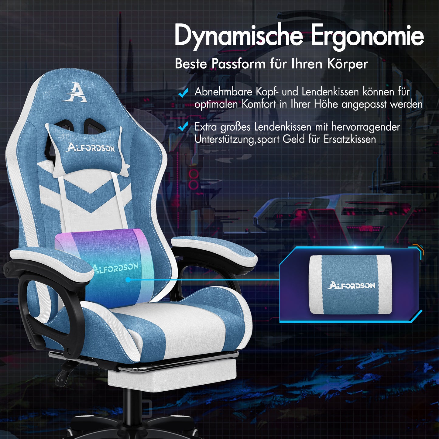 ALFORDSON Gaming Stuhl Büro 12 RGB LED Massage Computer Stoffsitz Blau