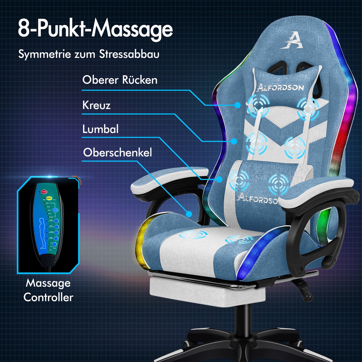 ALFORDSON Gaming Stuhl Büro 12 RGB LED Massage Computer Stoffsitz Blau