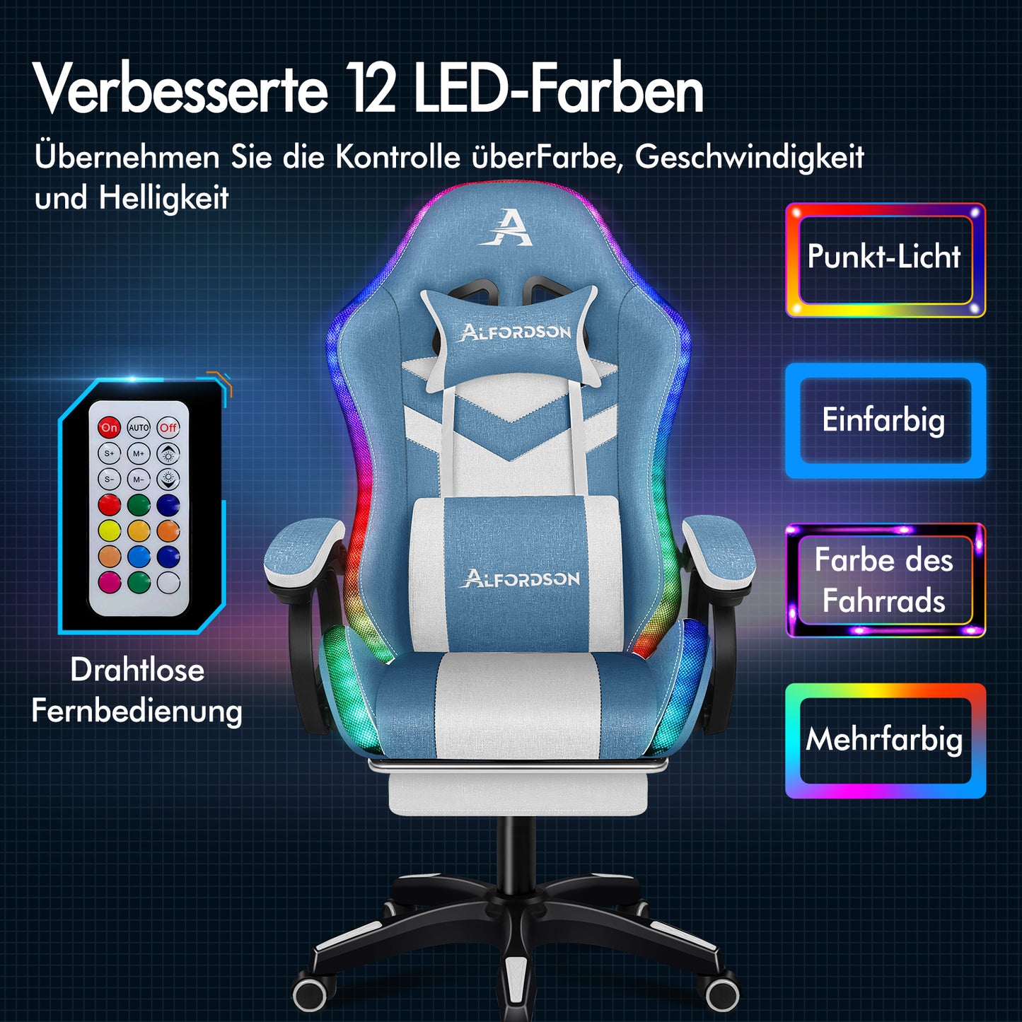 ALFORDSON Gaming Stuhl Büro 12 RGB LED Massage Computer Stoffsitz Blau