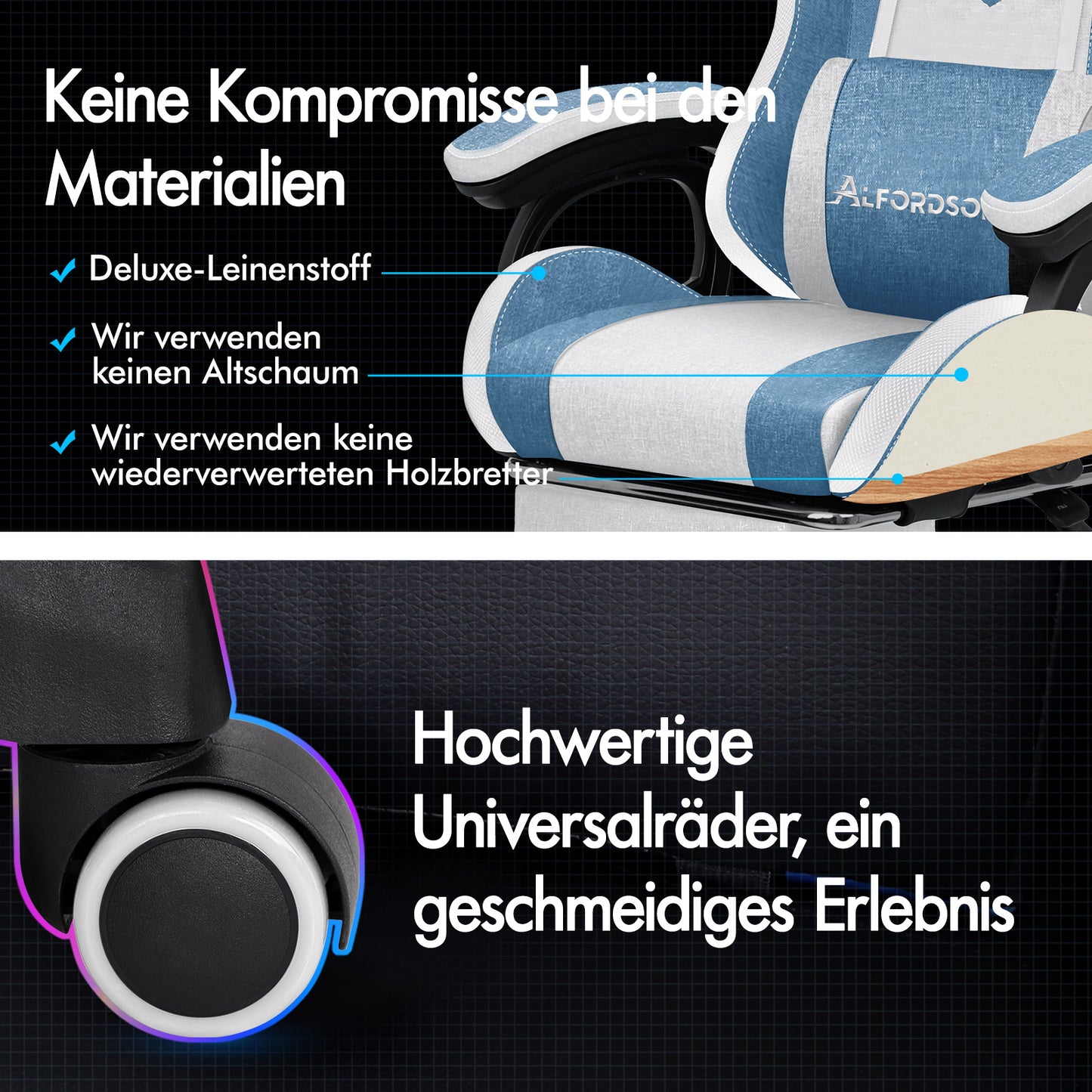 ALFORDSON Gaming Stuhl Büro 12 RGB LED Massage Computer Stoffsitz Blau