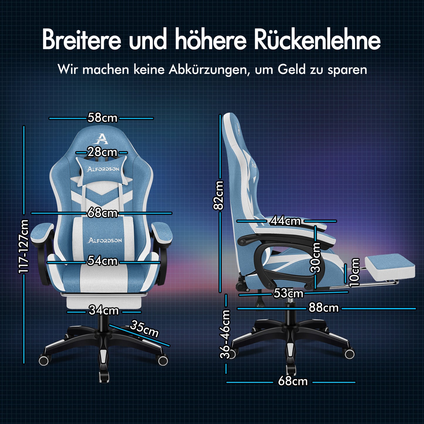 ALFORDSON Gaming Stuhl Büro 12 RGB LED Massage Computer Stoffsitz Blau