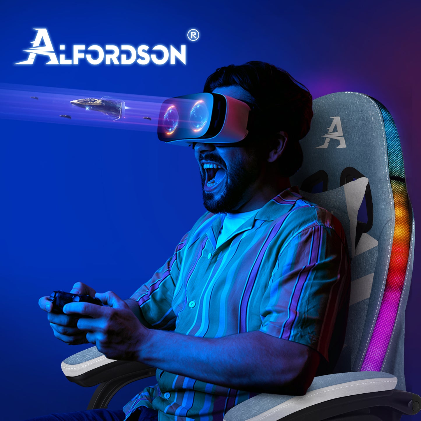 ALFORDSON Gaming Stuhl Büro 12 RGB LED Massage Computer Stoffsitz Blau