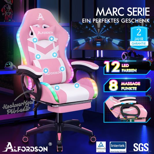 ALFORDSON Gaming Stuhl mit 8-Punkt Massage 12 Farben RGB LED-Licht Rosa & Weiß