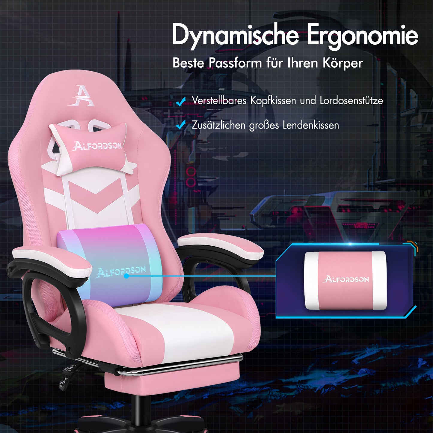 ALFORDSON Gaming Stuhl mit 8-Punkt Massage 12 Farben RGB LED-Licht Rosa & Weiß