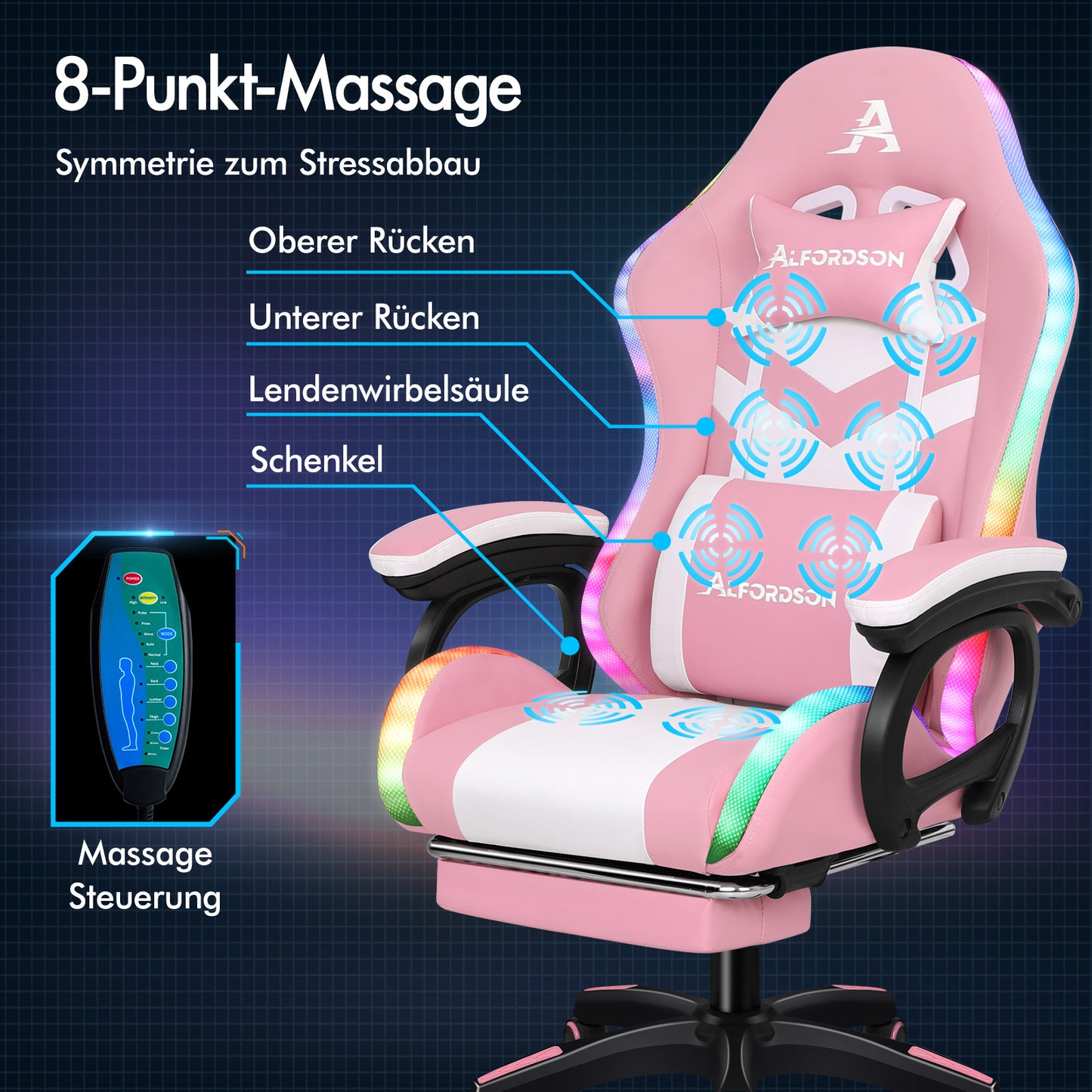 ALFORDSON Gaming Stuhl mit 8-Punkt Massage 12 Farben RGB LED-Licht Rosa & Weiß